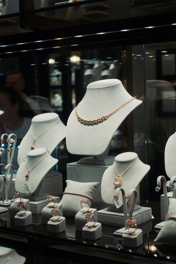 services-03 Elegant jewelry pieces elegantly arranged in a retail display case.